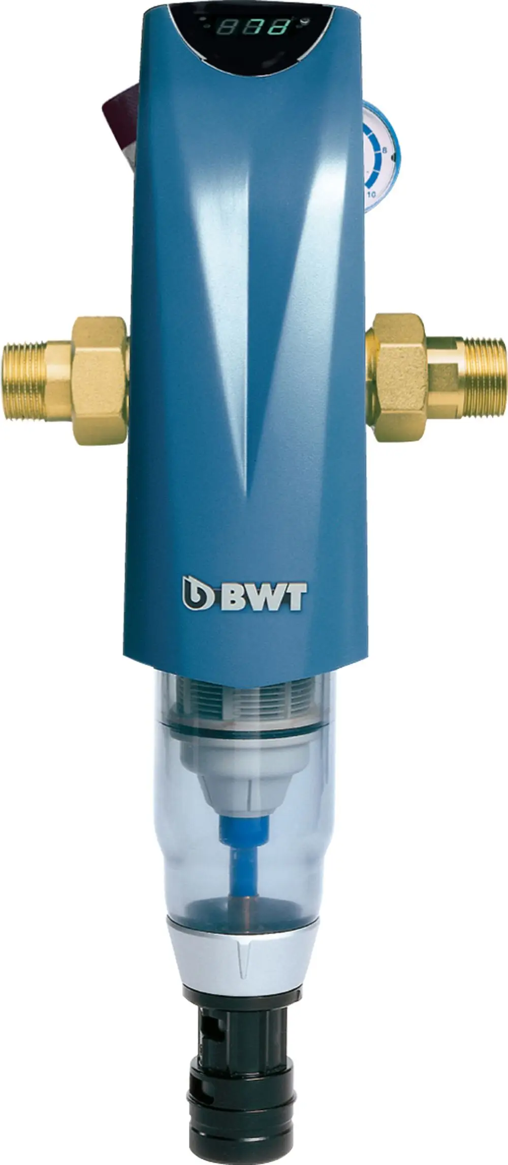 BWT Wasserfilter in blauer Ausführung mit transparentem Behälter, Anschlussmodul und digitaler Anzeige an der Oberseite, zur Installation in Wasserleitungssystemen.